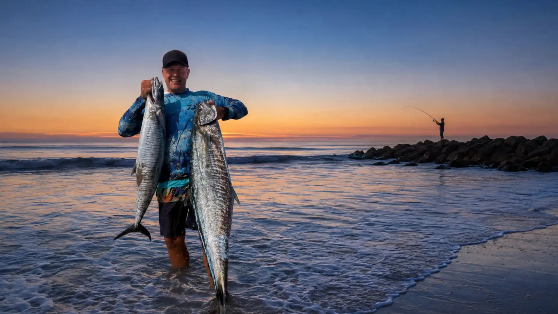 An angler casting from the rocks at Zinkwazi Beach at dawn, with the Ski-Boat Club and Main Beach behind