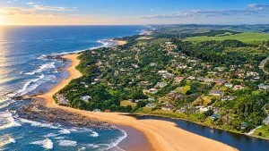 Aerial view of Zinkwazi Beach village, lagoon mouth and coastline on the KwaZulu-Natal North Coast